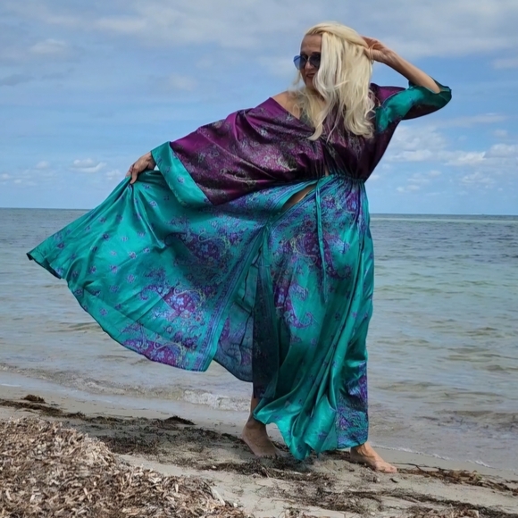 Handprinted Silk Authentic Designer Kimono Batik Long Maxi Dress Luxury Resort - Picture 13 of 16